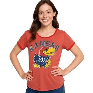 Champion Womens Kansas Jayhawks Medium Orange Red Trim Graphic Athletic T Shirt‎